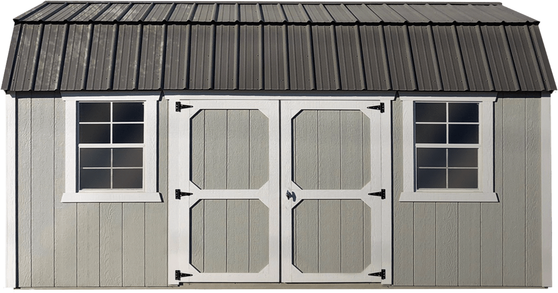 Gray lofted barn shed with double doors and black metal roof